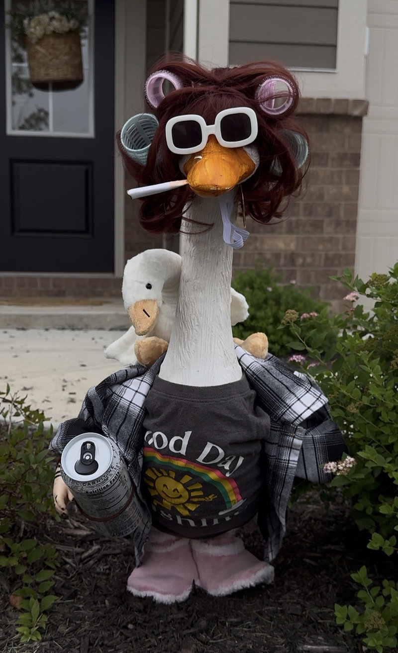 Lucy Goosey the porch goose in hair curlers, sunglasses and a Good Day Sunshine tee, holding an energy drink